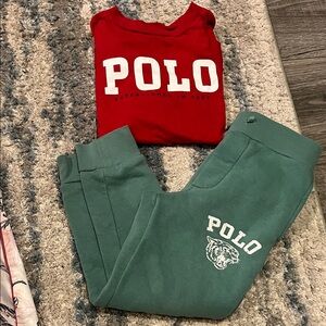 Ralph Lauren Polo Red long sleeve Shirt and Green Sweatpants Set size 4t